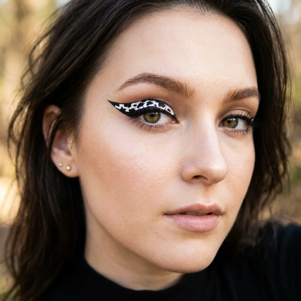 Classic black and white cow print winged eyeliner