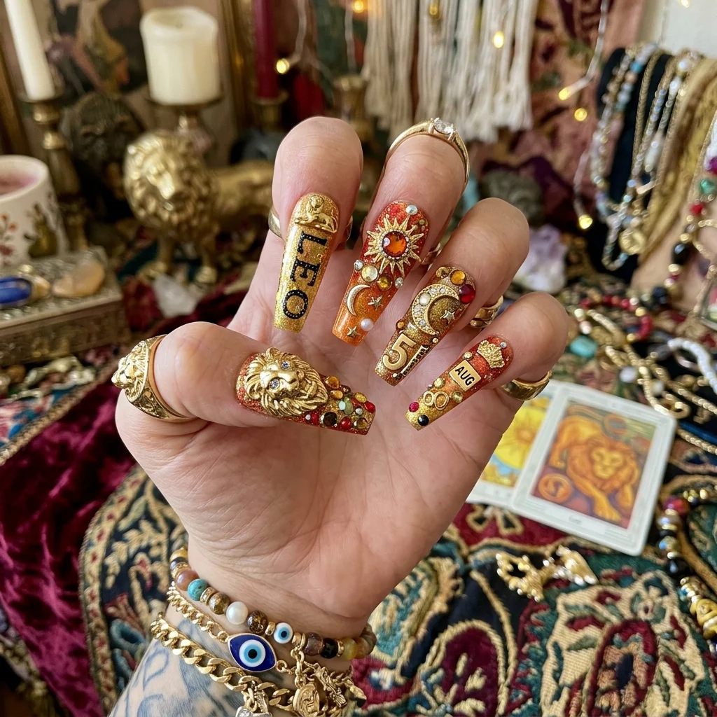 Maximalist Leo charm clutter nails