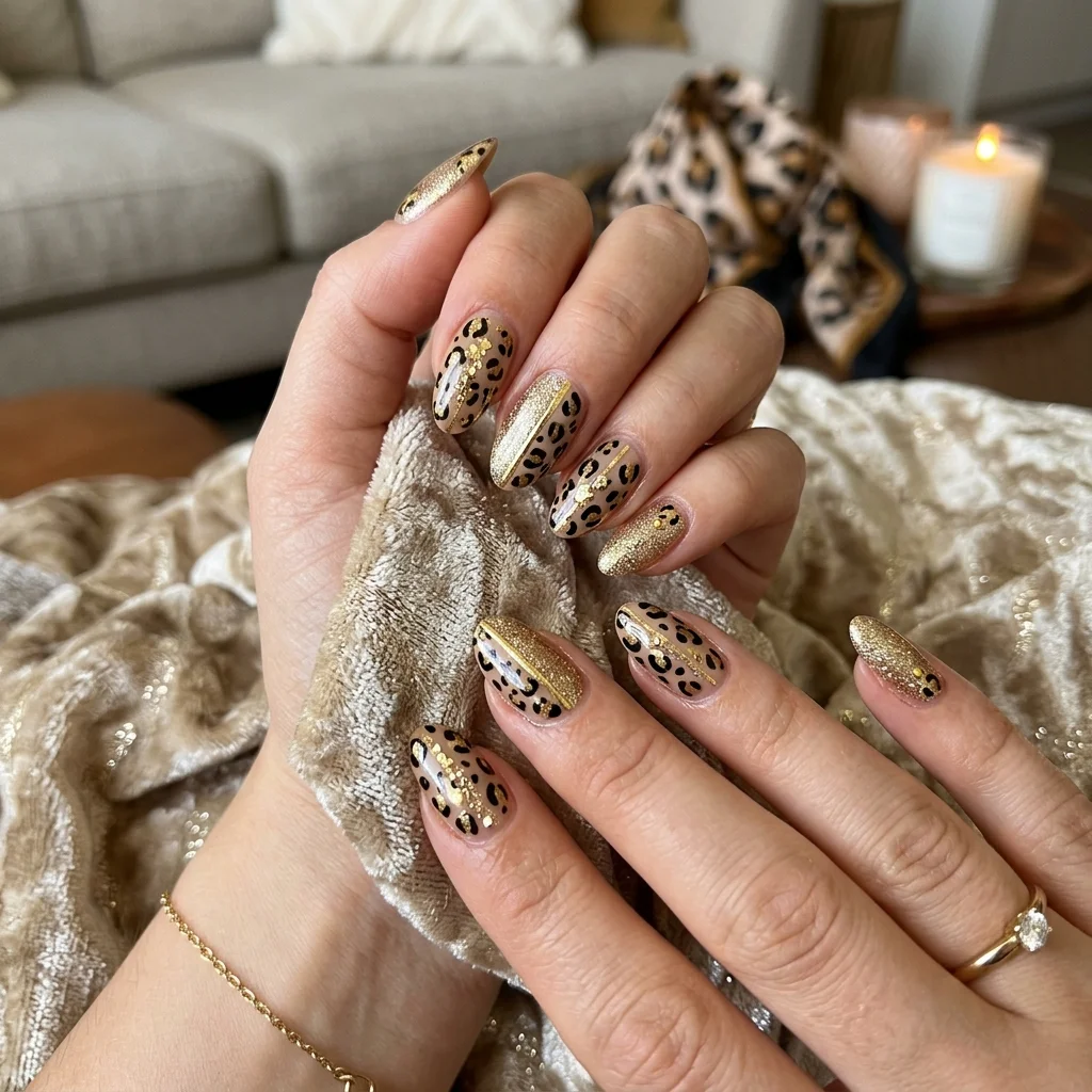 Leopard and gold mashup nails