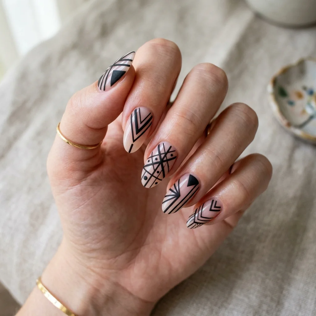Negative space graphic lines nails