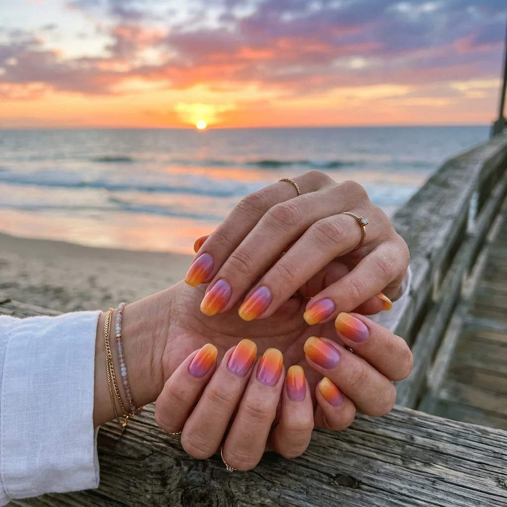 Sunset gradient blend nails