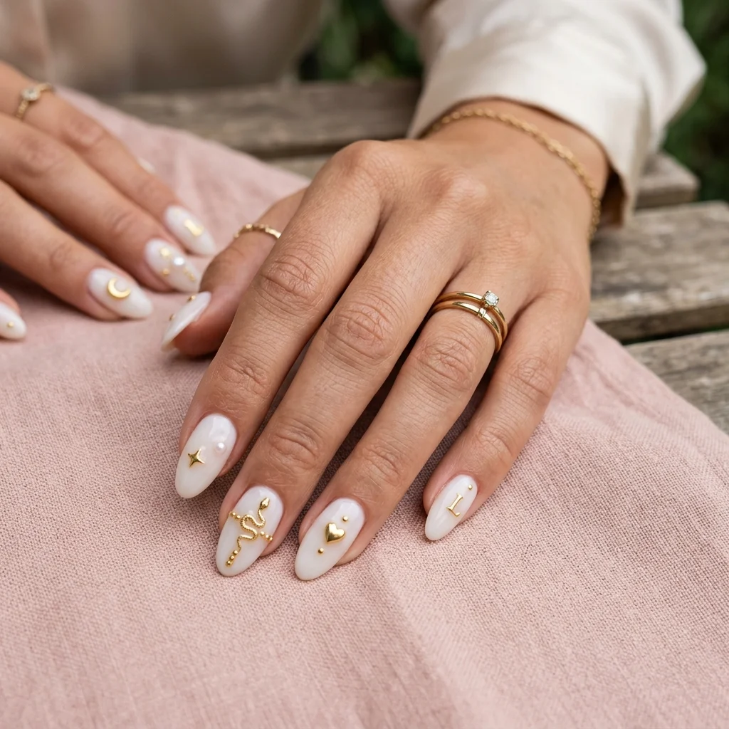 Milky white with gold charms nails